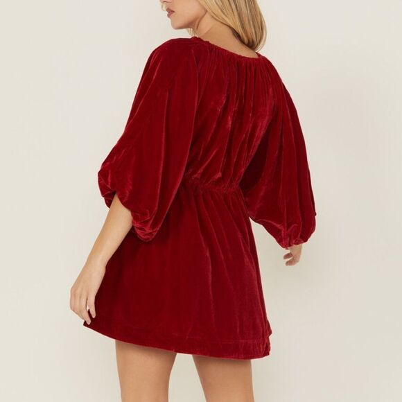Free People Portia velvet mini dress Red puff sleeves baby doll NWT Sz XS - Picture 2 of 11